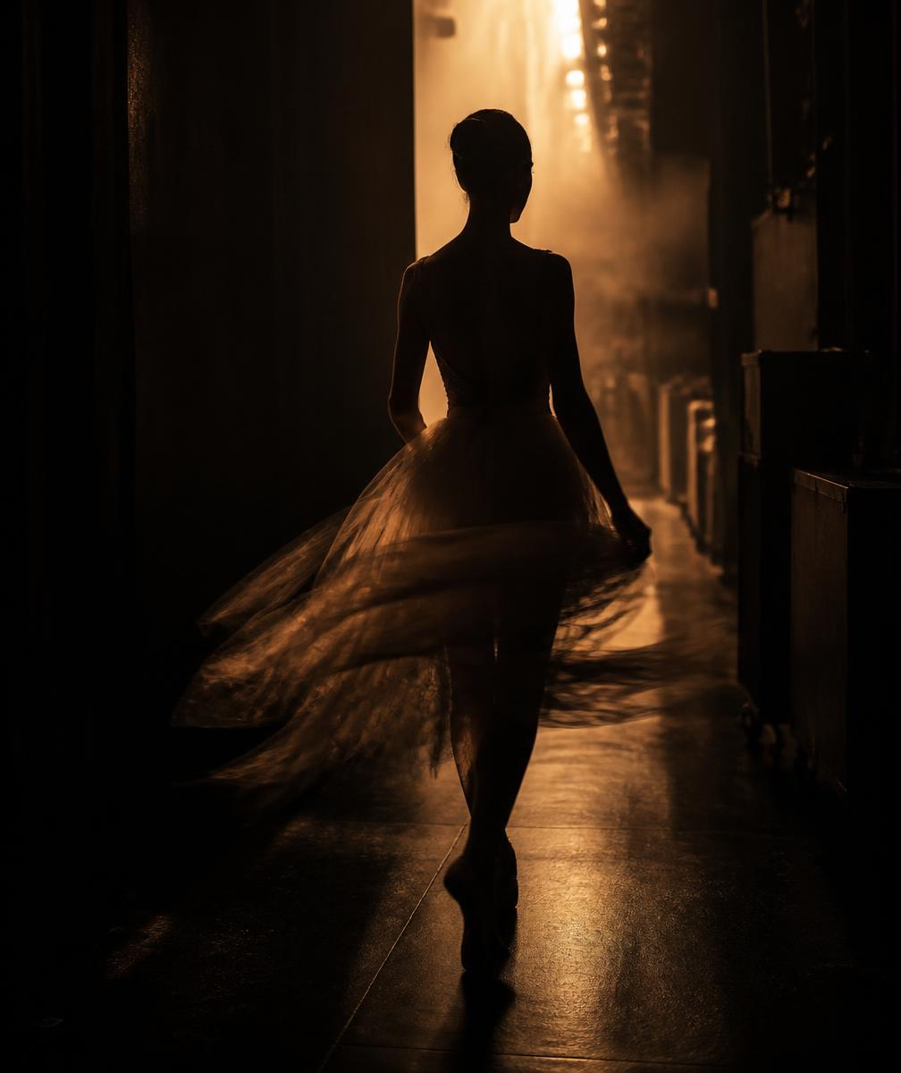 Backstage silhouette of a performer lit by warm gold light