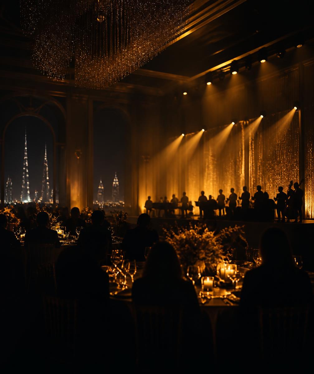 Golden-lit luxury gala ballroom with live musicians in silhouette
